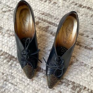 Brian Atwood Studded Cap Toe Oxford Booties, Black Leather Lace Up Heels, Sz 7.5